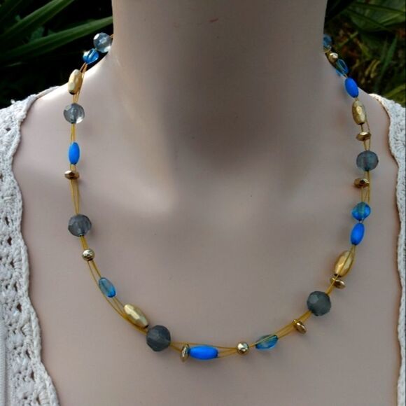 HANDMADE Gold, Blue & Gray Glass Beaded Necklace on Gold Wires w/Claw Closure - Picture 1 of 11